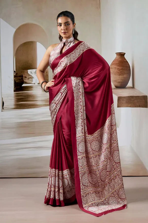 Deep_Cherry_Maroon_Ajrakh_Printed_Satin_Crepe_Silk_Saree