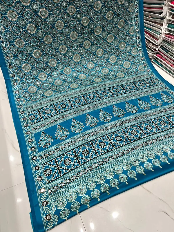 Eloquence_Rama_Ajrakh_Real_Mirror_Modal_Silk_Saree_With_Blouse