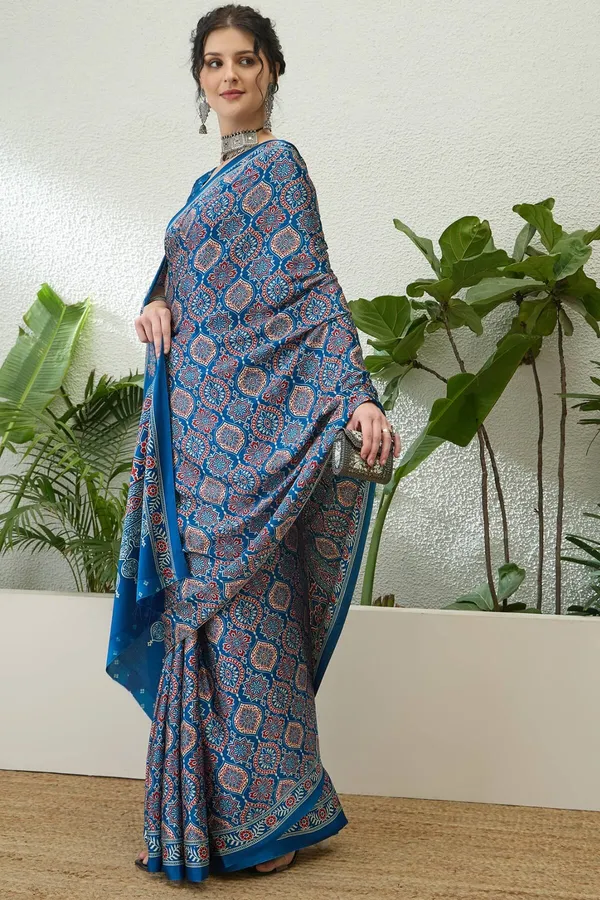 Exemplary_Morpich_Blue_Ajrakh_Printed_Semi_Modal_Silk_Saree_With_Pleasant_Blouse_Piece_