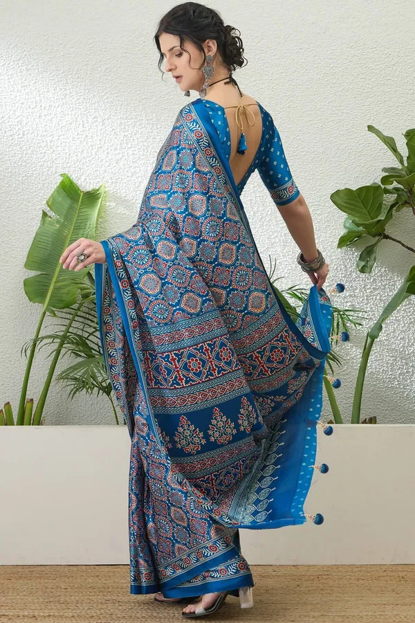 Exemplary_Morpich_Blue_Ajrakh_Printed_Semi_Modal_Silk_Saree_With_Pleasant_Blouse_Piece_