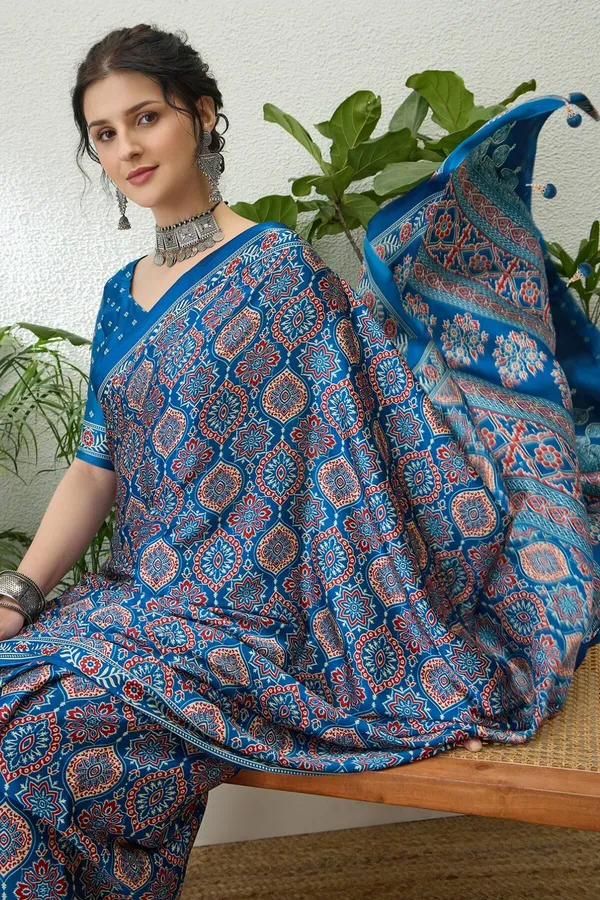 Exemplary_Morpich_Blue_Ajrakh_Printed_Semi_Modal_Silk_Saree_With_Pleasant_Blouse_Piece_