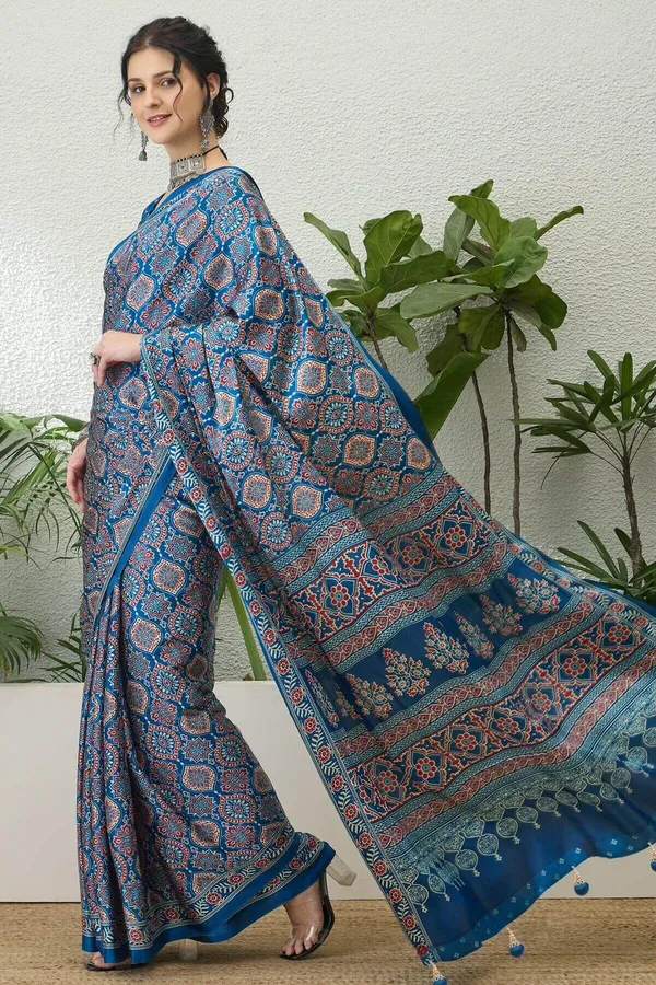Exemplary_Morpich_Blue_Ajrakh_Printed_Semi_Modal_Silk_Saree_With_Pleasant_Blouse_Piece_