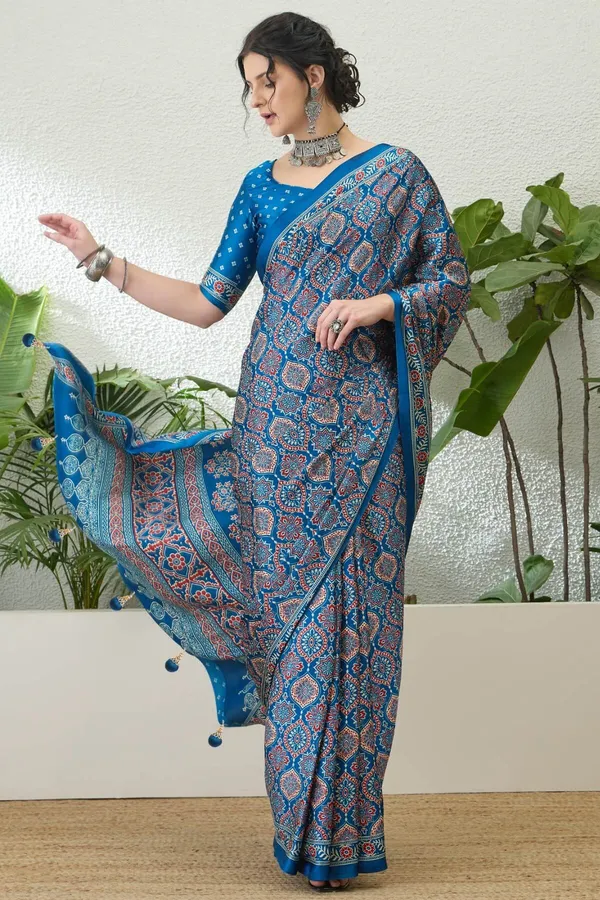 Exemplary_Morpich_Blue_Ajrakh_Printed_Semi_Modal_Silk_Saree_With_Pleasant_Blouse_Piece_