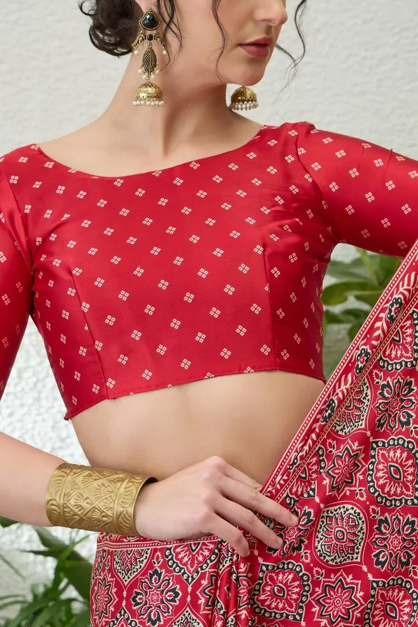 Exuberant_Maroon_Ajrakh_Printed_Semi_Modal_Silk_Saree_With_Glittering_Blouse_Piece_