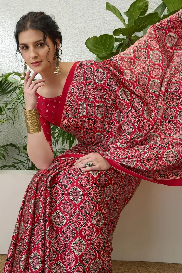 Exuberant_Maroon_Ajrakh_Printed_Semi_Modal_Silk_Saree_With_Glittering_Blouse_Piece_