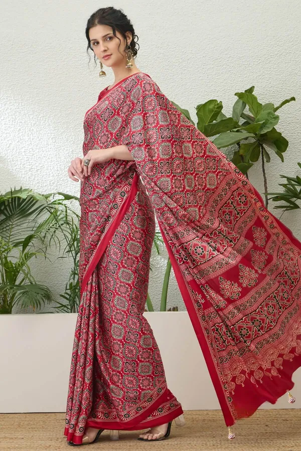 Exuberant_Maroon_Ajrakh_Printed_Semi_Modal_Silk_Saree_With_Glittering_Blouse_Piece_