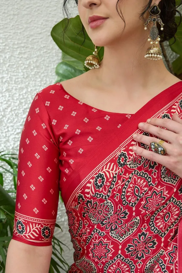 Exuberant_Maroon_Ajrakh_Printed_Semi_Modal_Silk_Saree_With_Glittering_Blouse_Piece_