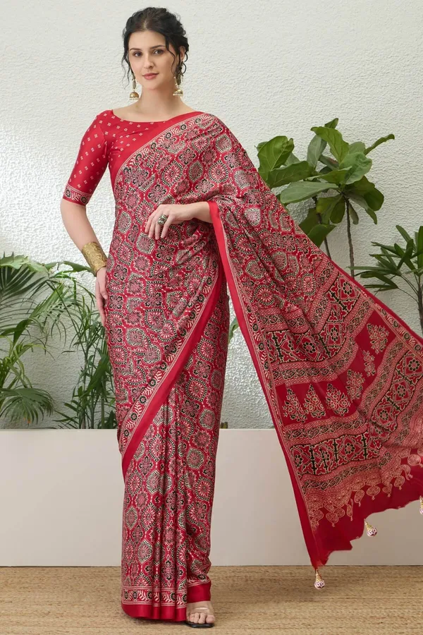 Exuberant_Maroon_Ajrakh_Printed_Semi_Modal_Silk_Saree_With_Glittering_Blouse_Piece_