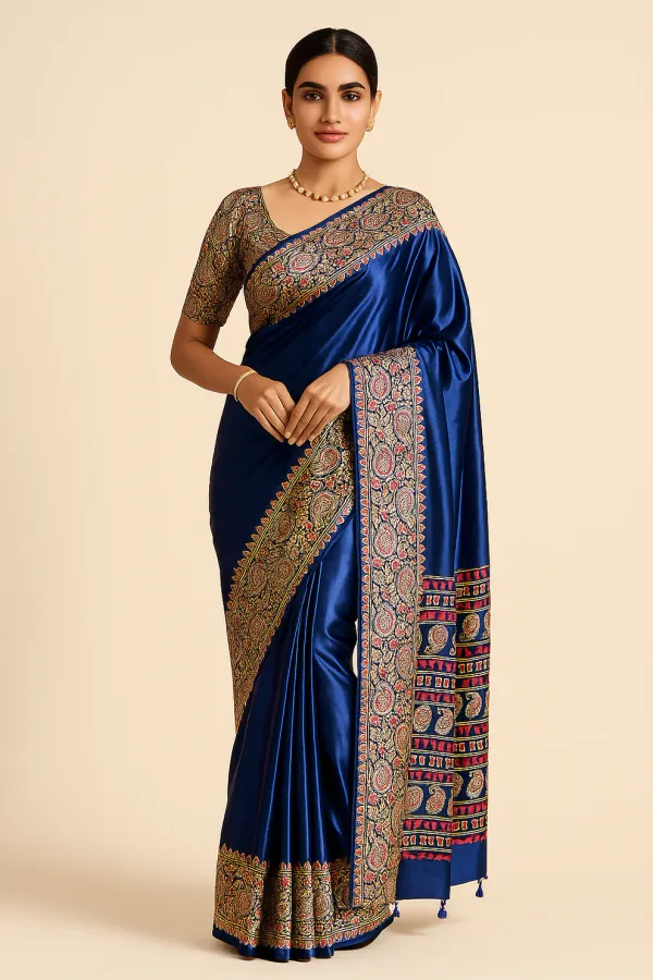 Fantastic_Dark_Blue_Mango_Floral_Ajrakh_Gajji_Silk_Saree