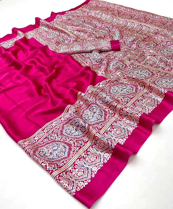 Flower_Bloom_Pink_Ajrakh_Printed_Satin_Crepe_Silk_Saree