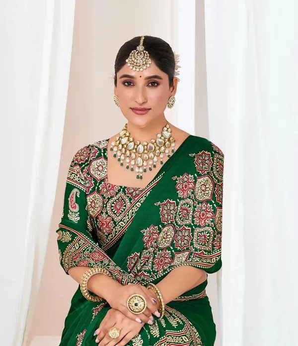Green_Ajrakh_Printed_Modal_Silk_Plain_Saree_With_Ajrakh_Blouse