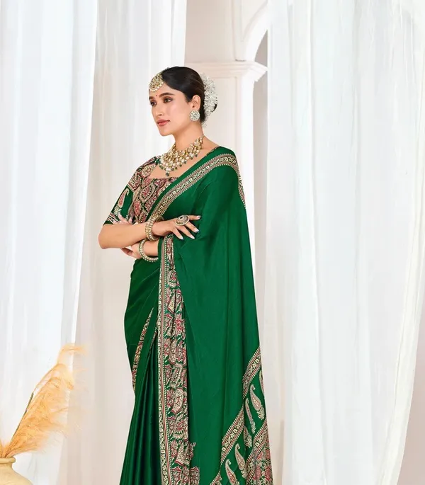 Green_Ajrakh_Printed_Modal_Silk_Plain_Saree_With_Ajrakh_Blouse