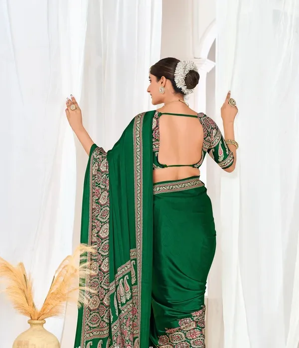 Green_Ajrakh_Printed_Modal_Silk_Plain_Saree_With_Ajrakh_Blouse