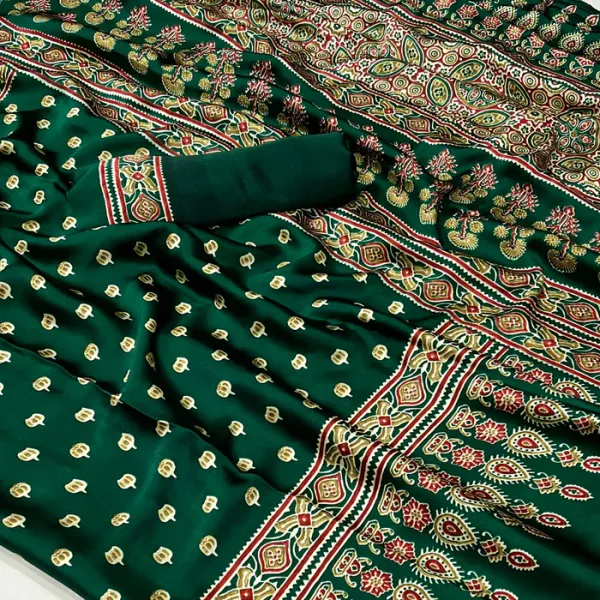 Hunter_Green_Ajrakh_Printed_Satin_Gaji_Silk_Saree