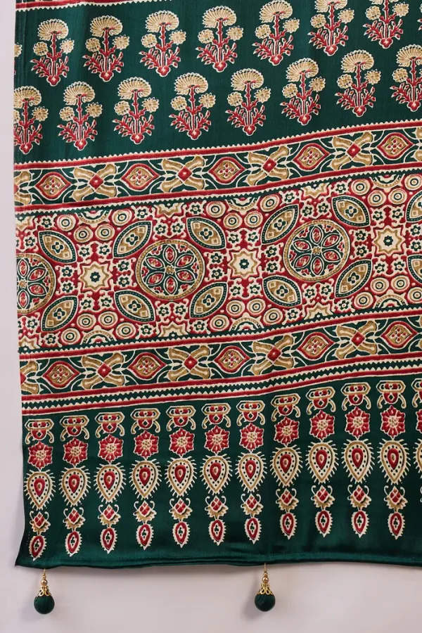 Hunter_Green_Ajrakh_Printed_Satin_Gaji_Silk_Saree