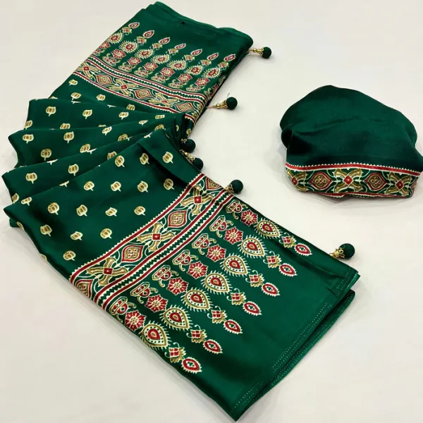 Hunter_Green_Ajrakh_Printed_Satin_Gaji_Silk_Saree