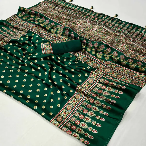 Hunter_Green_Ajrakh_Printed_Satin_Gaji_Silk_Saree
