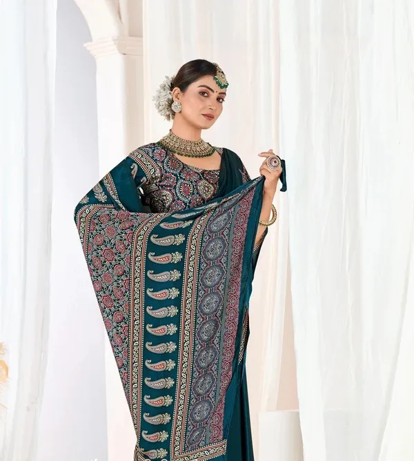Indigo_Morpich_Ajrakh_Printed_Modal_Silk_Plain_Saree_With_Ajrakh_Blouse