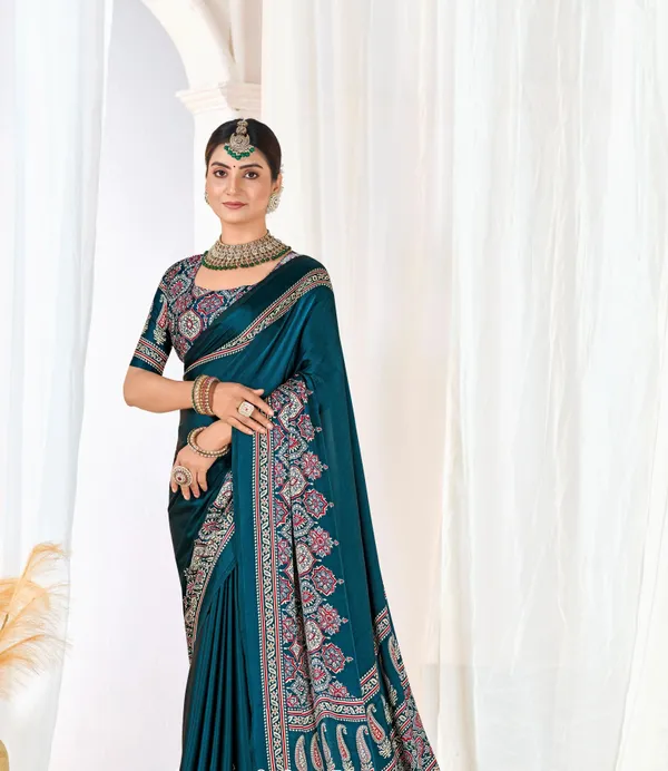 Indigo_Morpich_Ajrakh_Printed_Modal_Silk_Plain_Saree_With_Ajrakh_Blouse