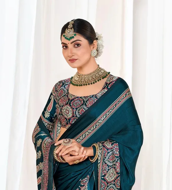 Indigo_Morpich_Ajrakh_Printed_Modal_Silk_Plain_Saree_With_Ajrakh_Blouse