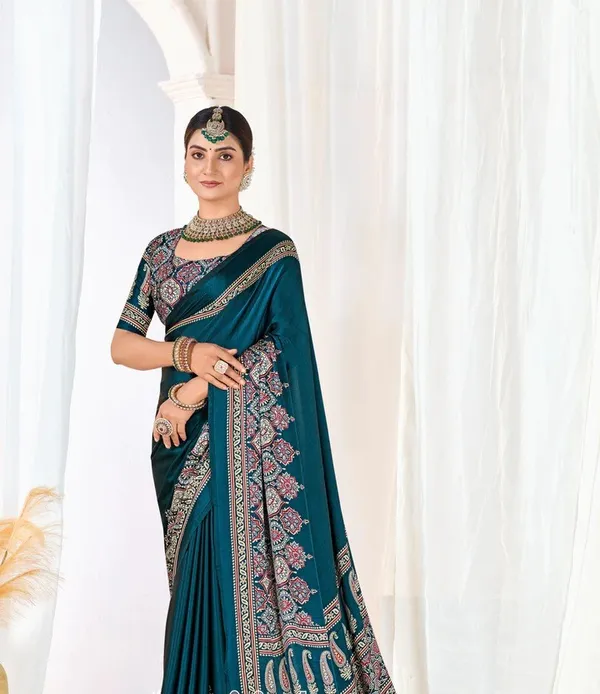 Indigo_Morpich_Ajrakh_Printed_Modal_Silk_Plain_Saree_With_Ajrakh_Blouse