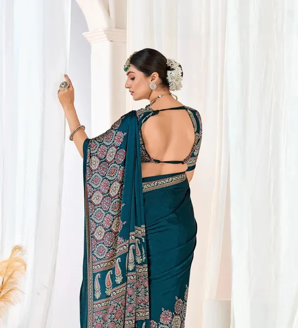 Indigo_Morpich_Ajrakh_Printed_Modal_Silk_Plain_Saree_With_Ajrakh_Blouse