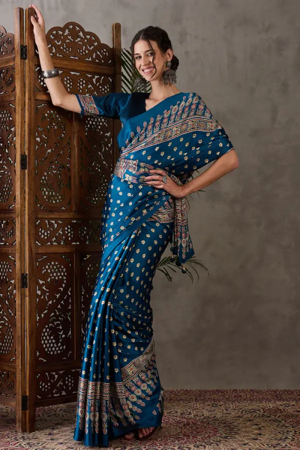 James_Blue_Ajrakh_Printed_Satin_Gaji_Silk_Saree