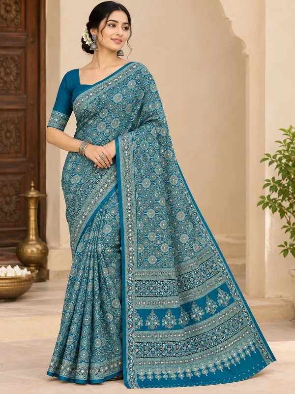 Eloquence_Rama_Ajrakh_Real_Mirror_Modal_Silk_Saree_With_Blouse