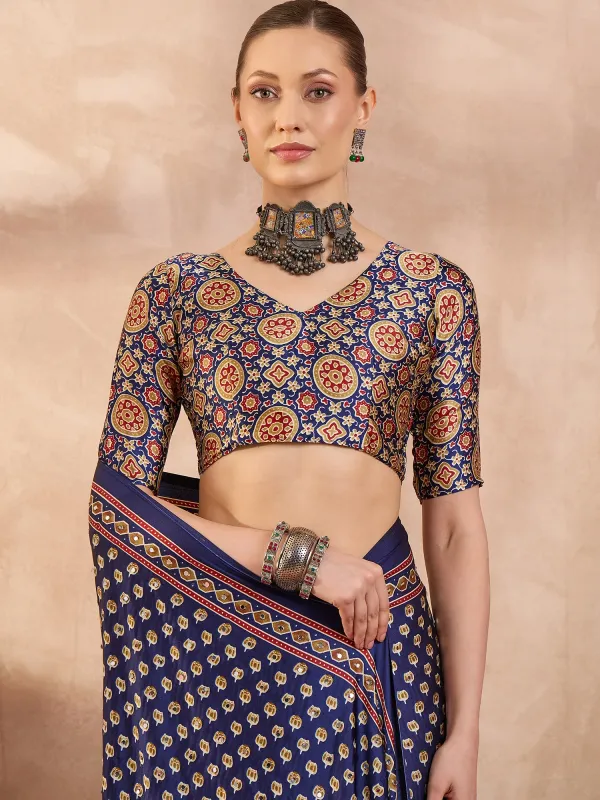 Navy_Blue__Ajrakh__Mirror_Work__Saree_With_Saree