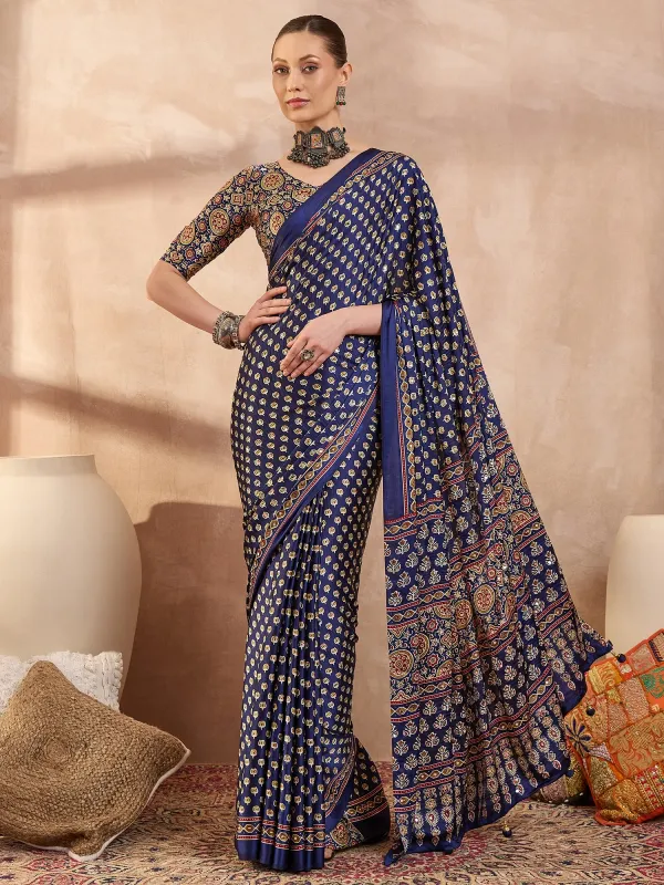 Navy_Blue__Ajrakh__Mirror_Work__Saree_With_Saree