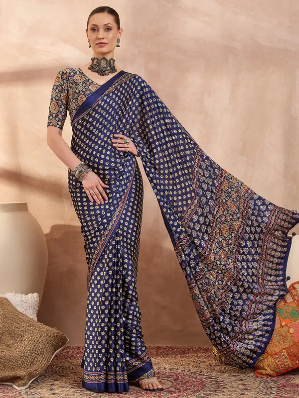 Navy_Blue__Ajrakh__Mirror_Work__Saree_With_Saree