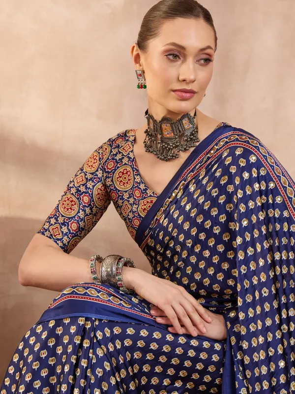 Navy_Blue__Ajrakh__Mirror_Work__Saree_With_Saree