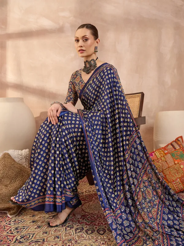Navy_Blue__Ajrakh__Mirror_Work__Saree_With_Saree