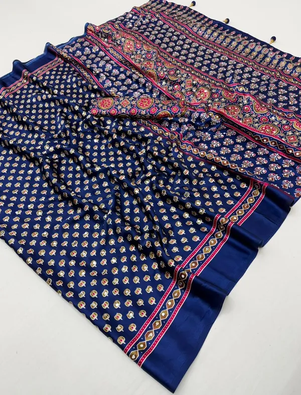 Navy_Blue__Ajrakh__Mirror_Work__Saree_With_Saree
