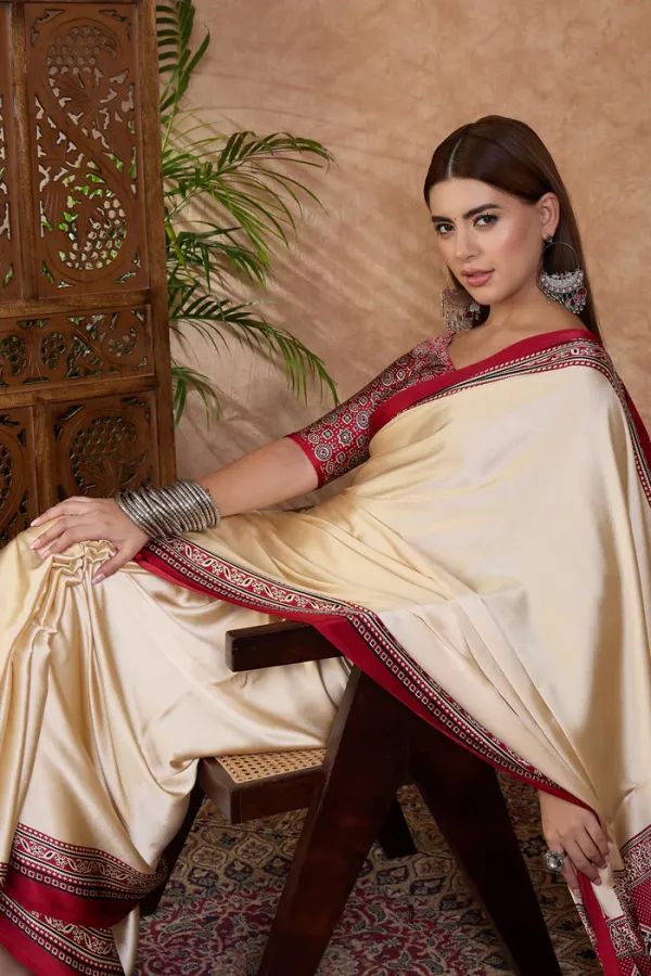 Linen_Cream_and_Red_Ajrakh_Printed_Satin_Crepe_Silk_Saree