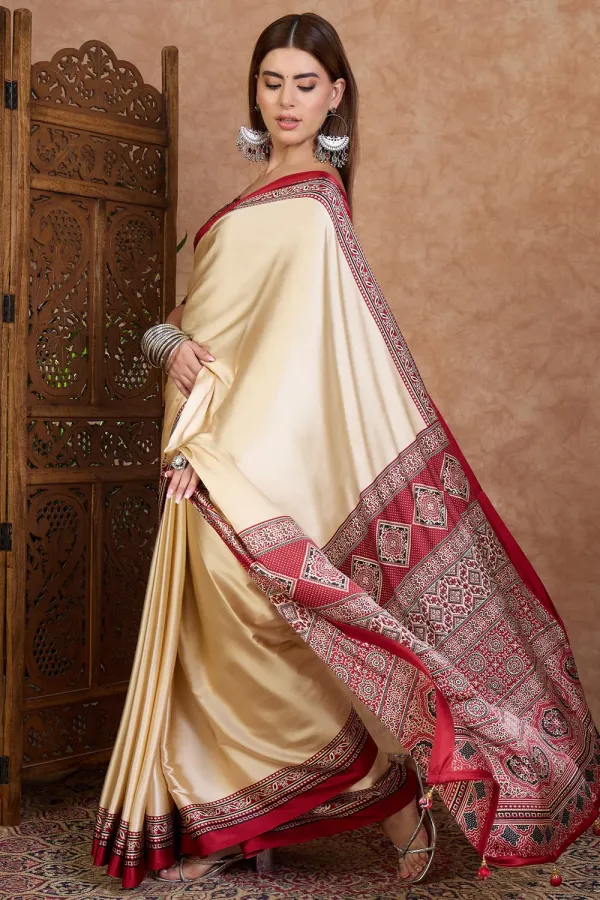 Linen_Cream_and_Red_Ajrakh_Printed_Satin_Crepe_Silk_Saree