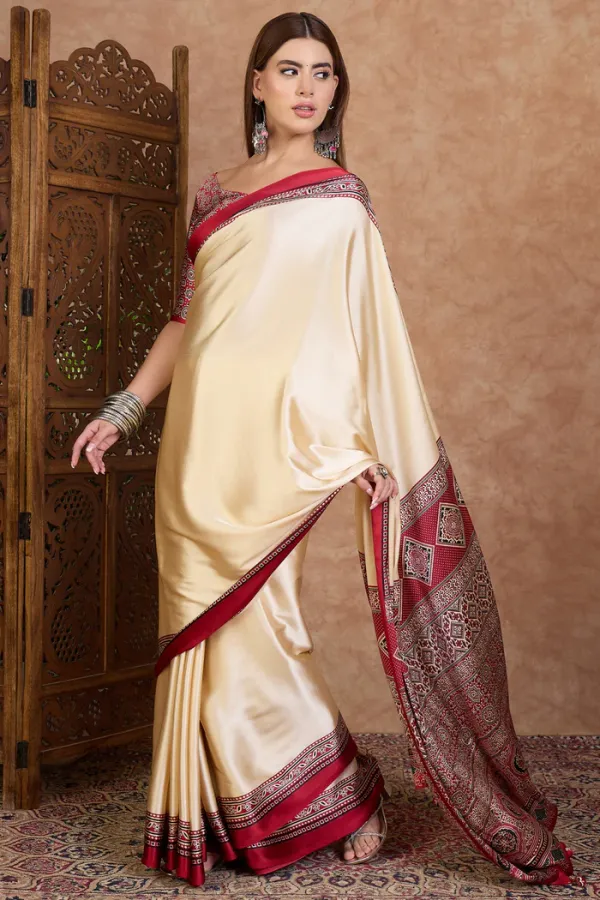 Linen_Cream_and_Red_Ajrakh_Printed_Satin_Crepe_Silk_Saree