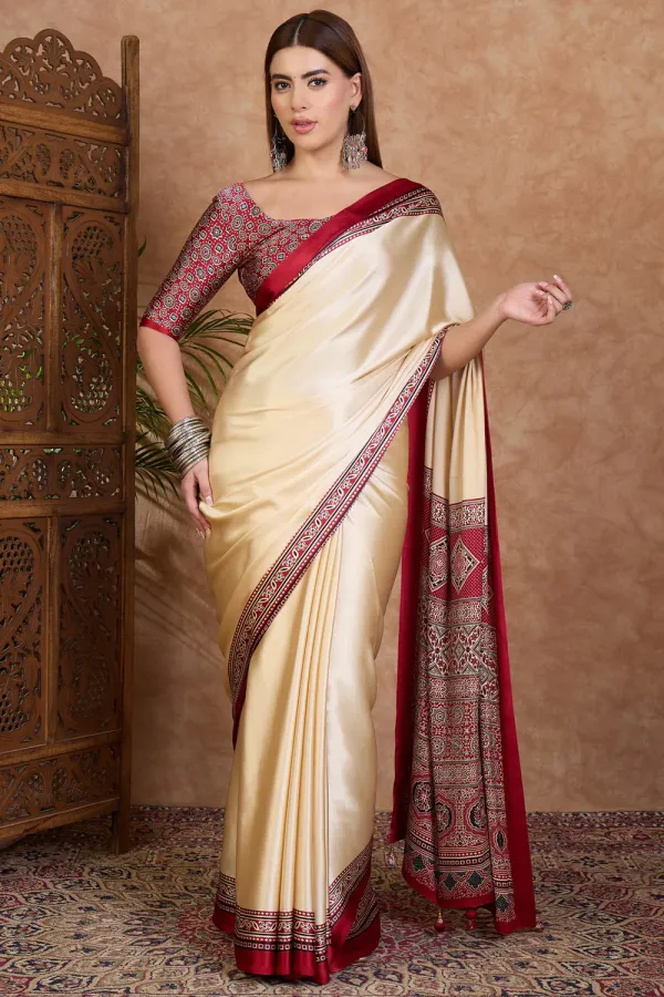 Linen_Cream_and_Red_Ajrakh_Printed_Satin_Crepe_Silk_Saree