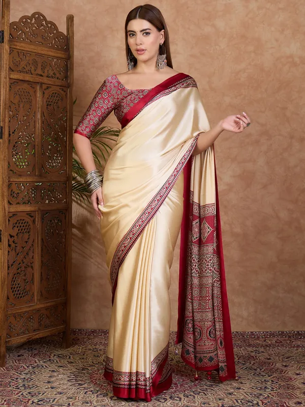 Linen_Cream_and_Red_Ajrakh_Printed_Satin_Crepe_Silk_Saree