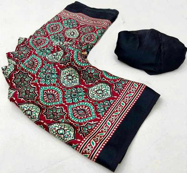 Luxurious_Maroon_Ajrakh_Printed_Soft_Modal_Silk_Natural_Print_Saree