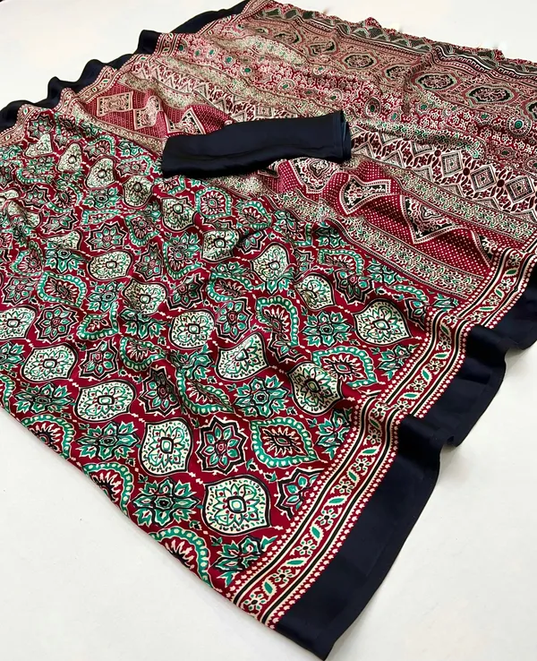 Luxurious_Maroon_Ajrakh_Printed_Soft_Modal_Silk_Natural_Print_Saree
