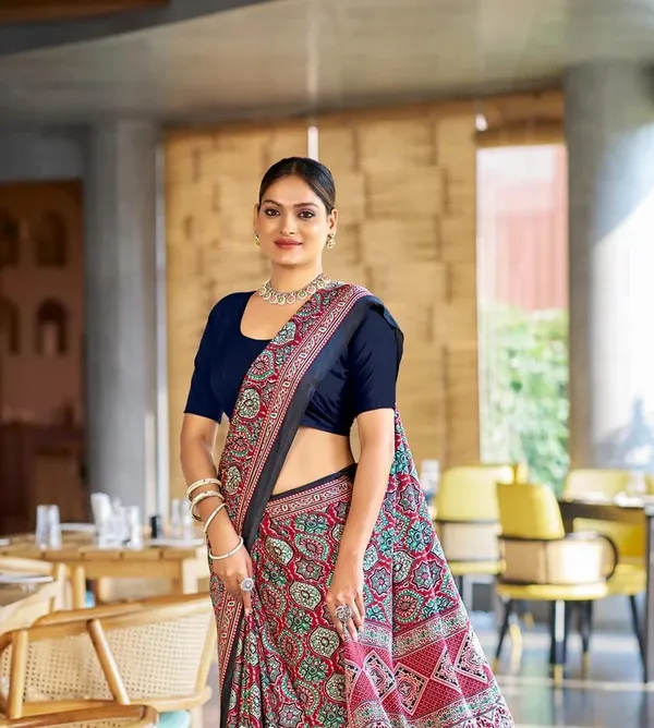Luxurious_Maroon_Ajrakh_Printed_Soft_Modal_Silk_Natural_Print_Saree