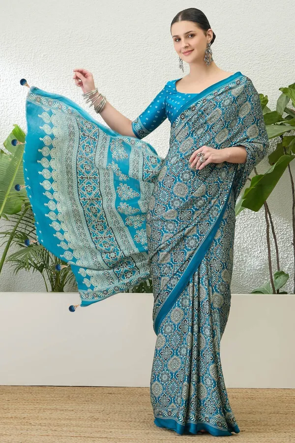 Majesty_Firozi_Ajrakh_Printed_Semi_Modal_Silk_Saree_With_Vestigial_Blouse_Piece_