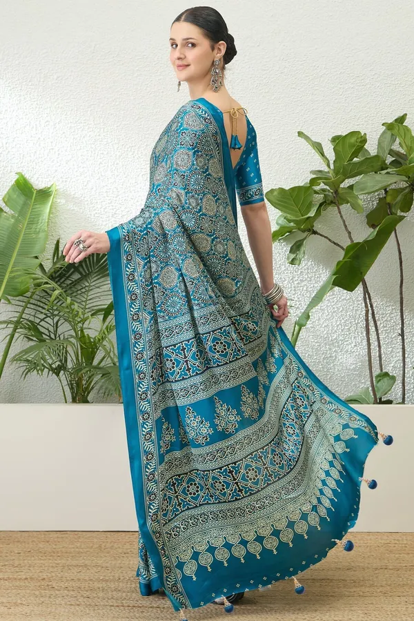 Majesty_Firozi_Ajrakh_Printed_Semi_Modal_Silk_Saree_With_Vestigial_Blouse_Piece_