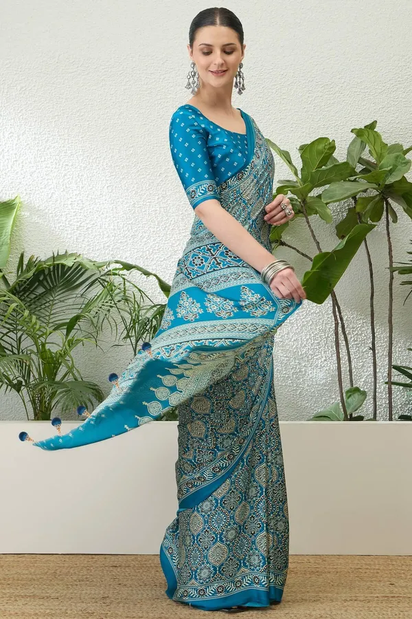 Majesty_Firozi_Ajrakh_Printed_Semi_Modal_Silk_Saree_With_Vestigial_Blouse_Piece_