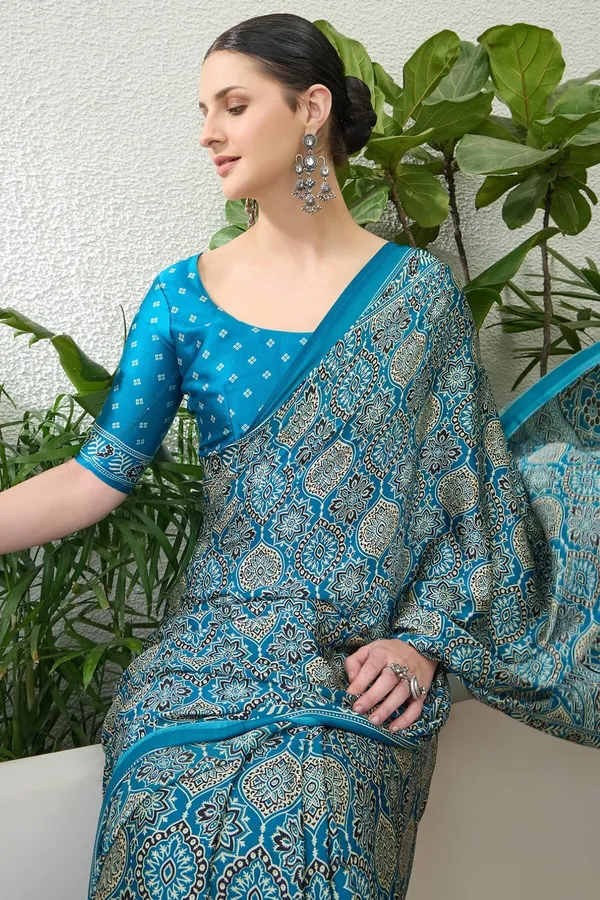 Majesty_Firozi_Ajrakh_Printed_Semi_Modal_Silk_Saree_With_Vestigial_Blouse_Piece_