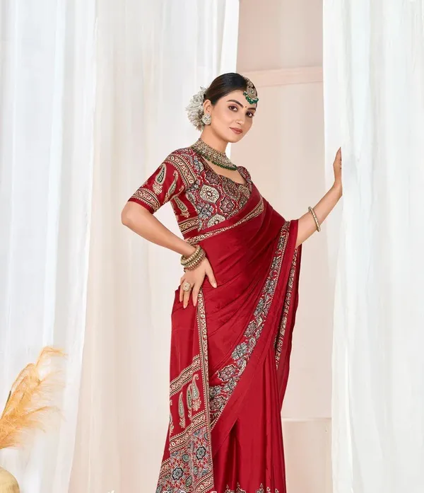 Maroon_Ajrakh_Printed_Modal_Silk_Plain_Saree_With_Ajrakh_Blouse