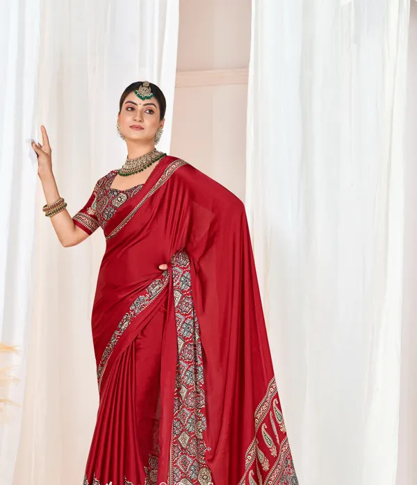 Maroon_Ajrakh_Printed_Modal_Silk_Plain_Saree_With_Ajrakh_Blouse