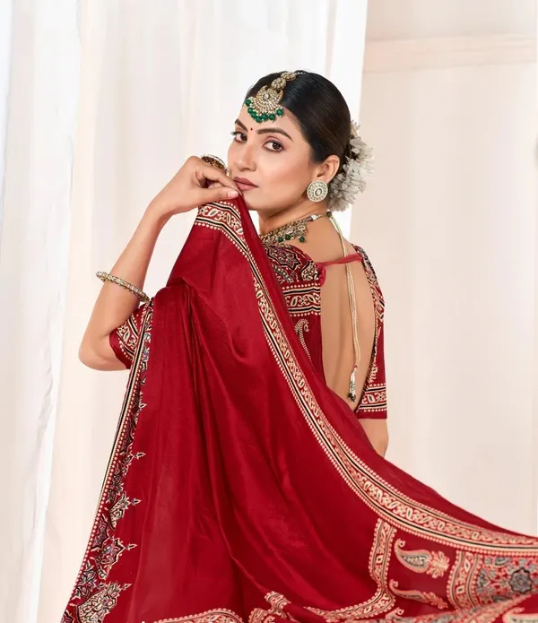Maroon_Ajrakh_Printed_Modal_Silk_Plain_Saree_With_Ajrakh_Blouse