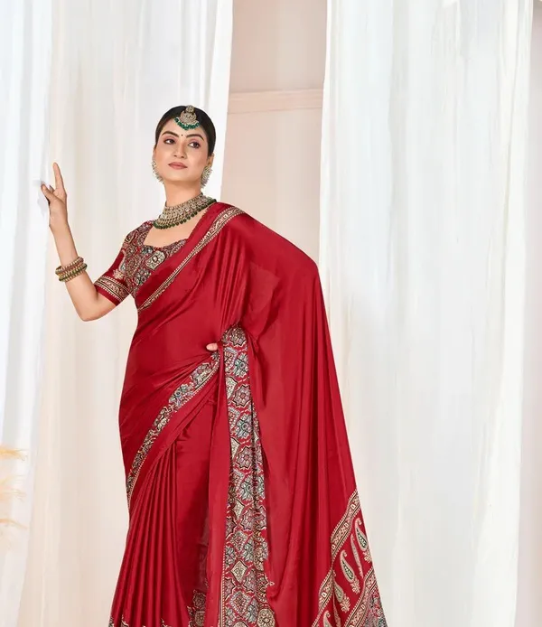 Maroon_Ajrakh_Printed_Modal_Silk_Plain_Saree_With_Ajrakh_Blouse